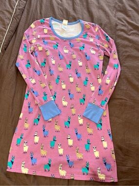 munki munki Pink Llama-Print Long Sleeve Nightgown with Blue Trim